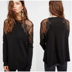 Free People Daniella Top Size S Black Illusion Lace Boho Goth Edgy Dark Romantic
